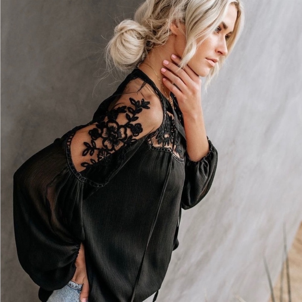 Boho Black Lace Floral Embroidery Blouse - Picture 2 of 6
